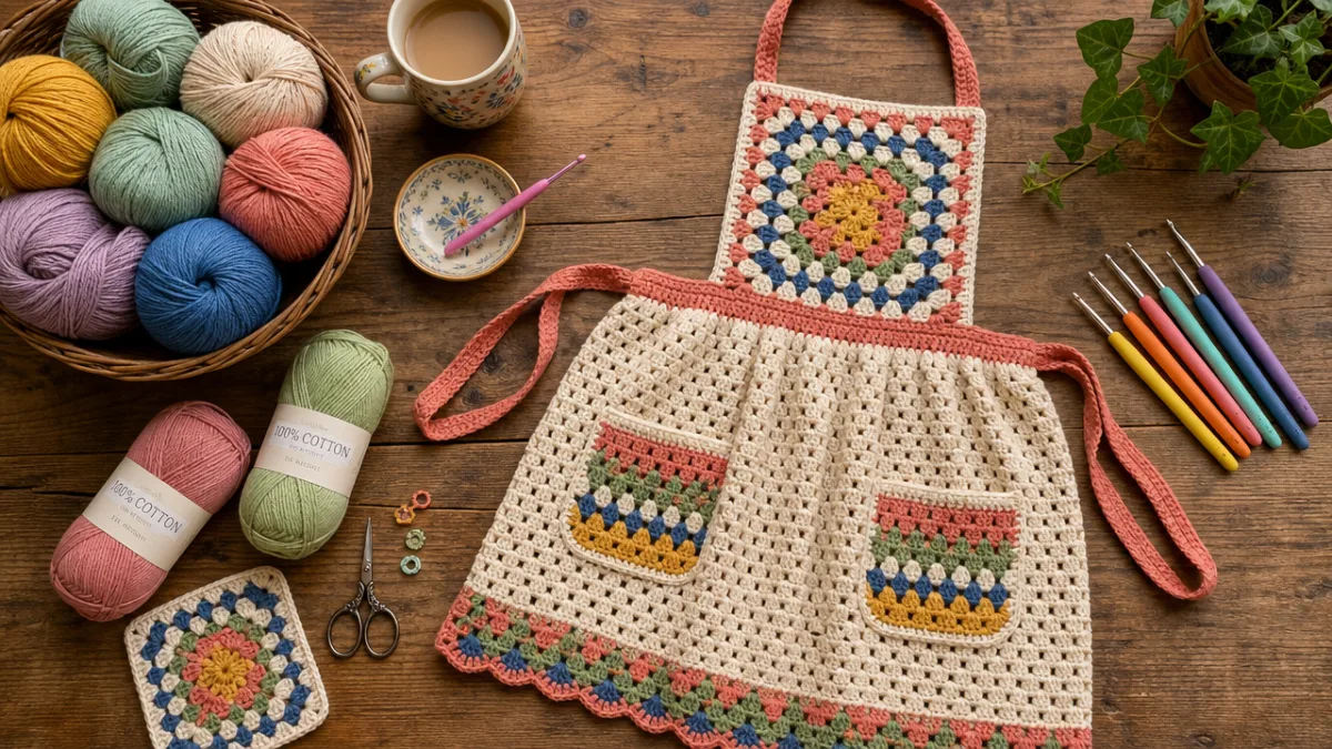 a flat lay of colorful cotton yarn skeins, crochet hooks, and a…