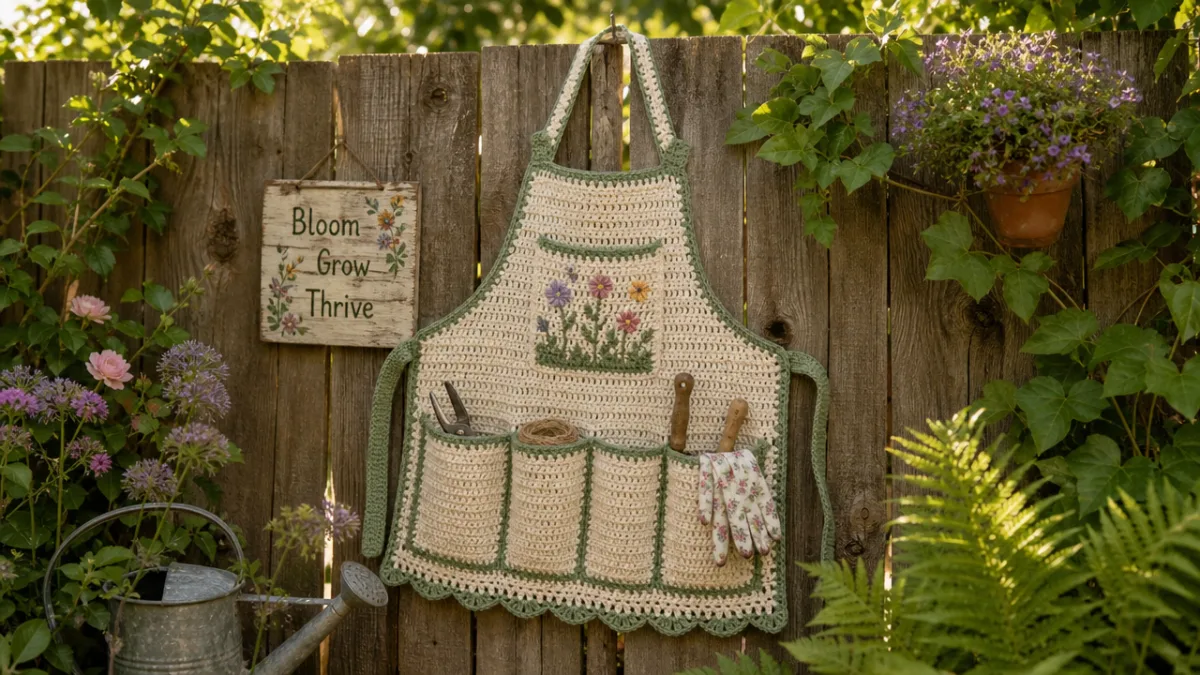 a crocheted cotton gardening apron hanging on a rustic wooden fence surrounded…