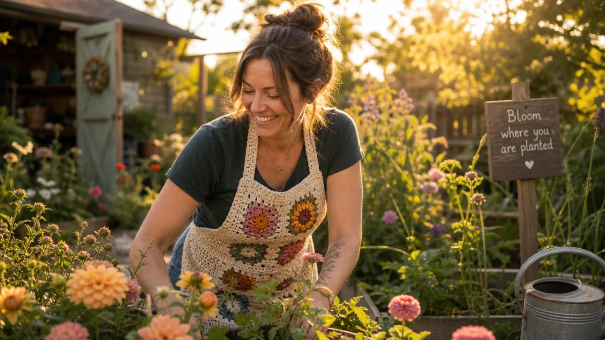 a smiling gardener wearing a textured crochet apron while tending flower beds,…