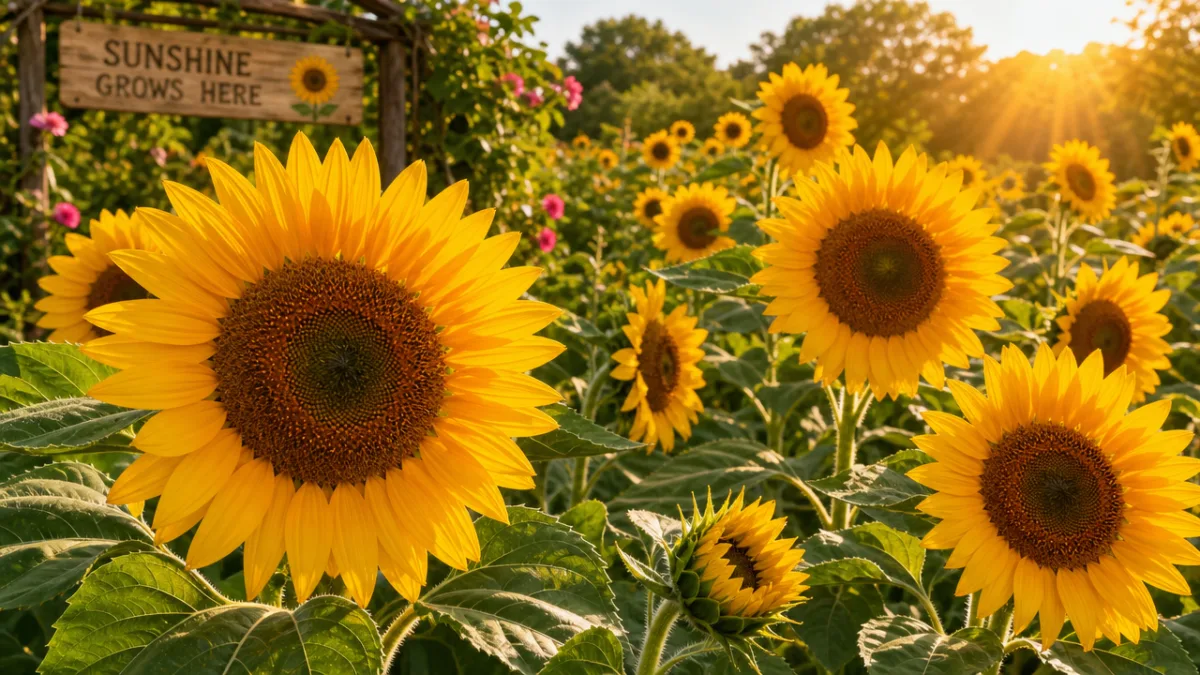 a vibrant sunflower garden in full bloom under warm golden afternoon sunlight,…