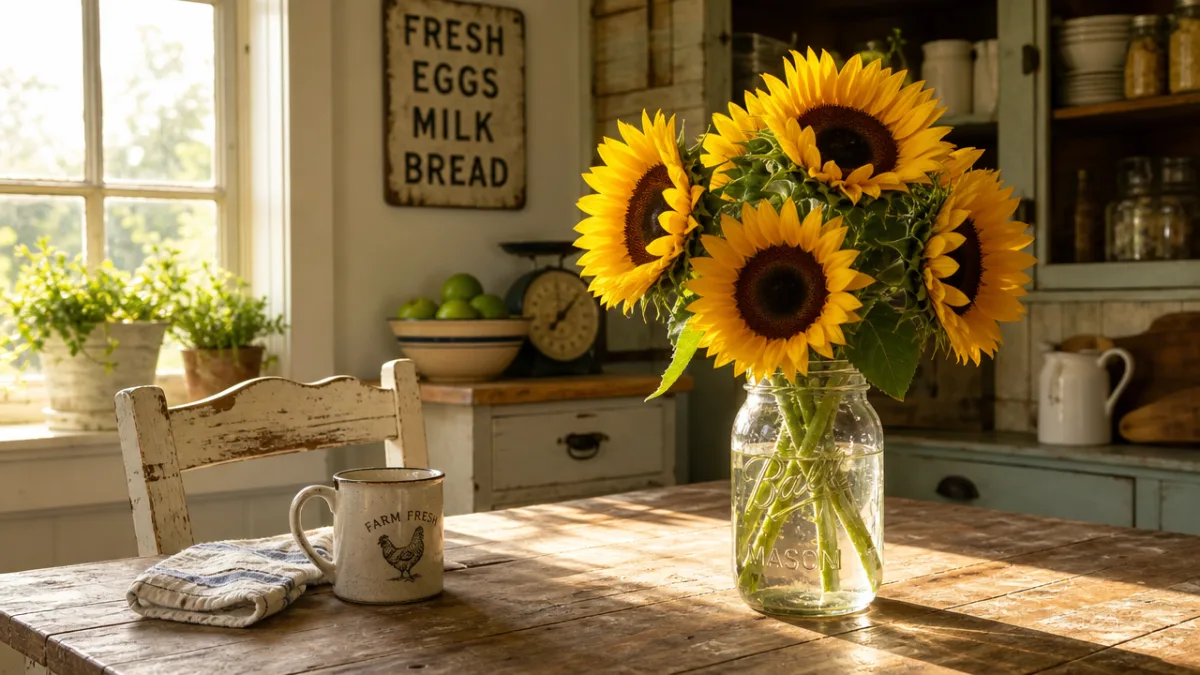 a rustic farmhouse kitchen table with a mason jar of freshly cut…
