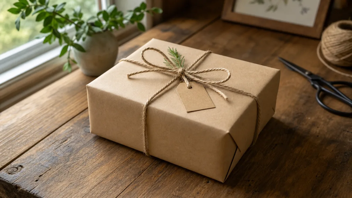 a neatly wrapped gift box in kraft paper tied with twine on…