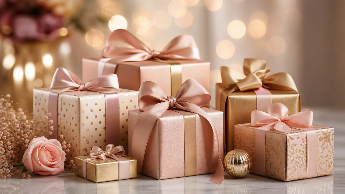 an elegant arrangement of coordinated wrapped gifts in blush and gold tones,…