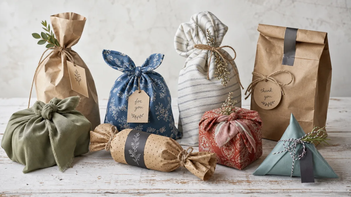 various creatively wrapped oddly shaped gifts using fabric and paper bags on…