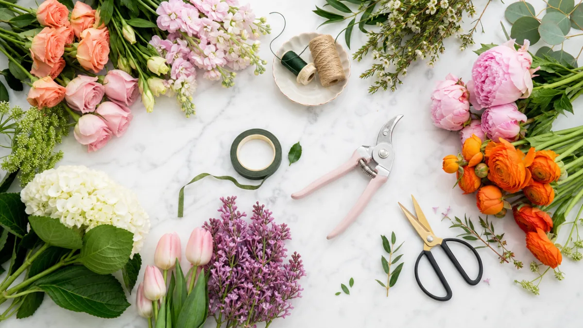 a flat lay of fresh colorful flowers and floral tools on a…