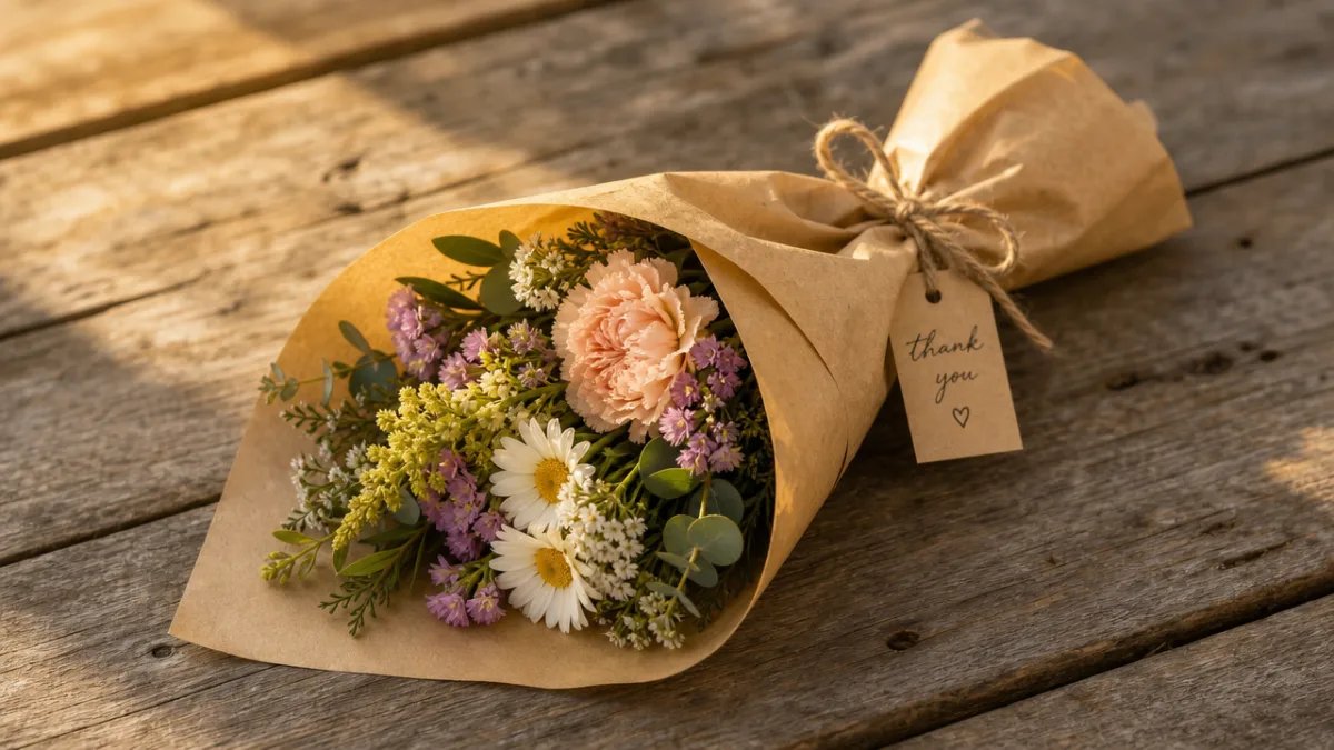 a finished small flower bouquet wrapped in kraft paper on a rustic…