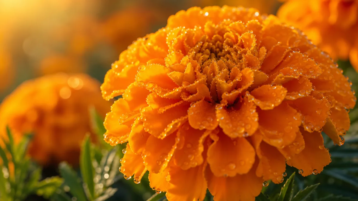 a close-up of vibrant orange marigold petals with morning dew drops, warm…