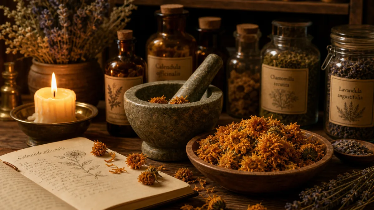 a serene herbal apothecary table with dried marigold flowers, mortar and pestle,…