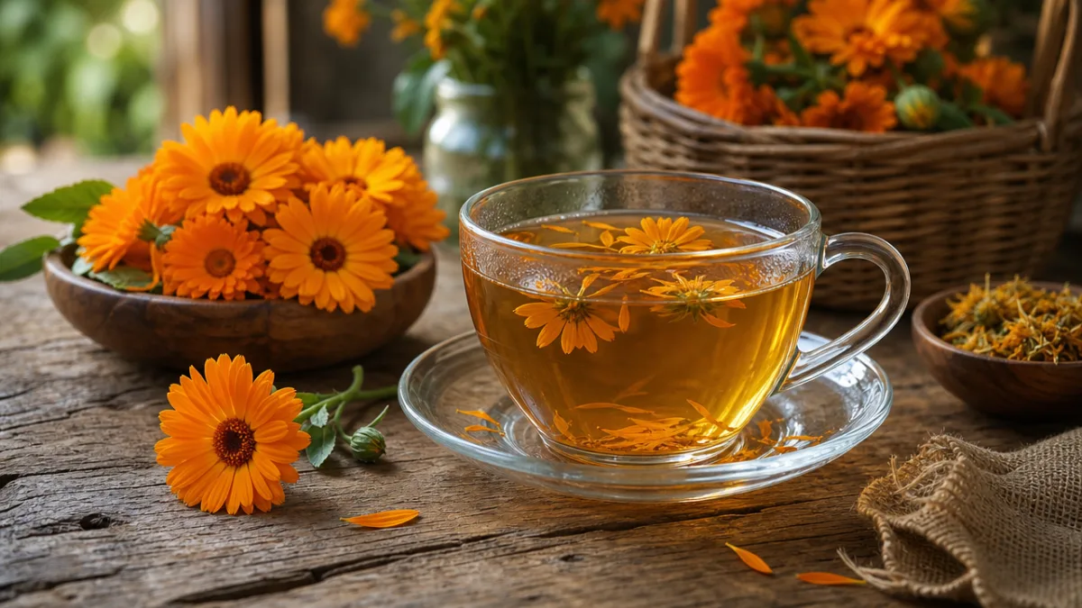 a rustic wooden table with calendula herbal tea in a glass cup,…