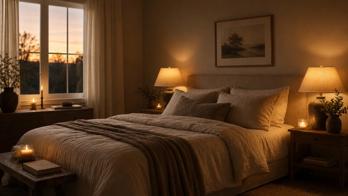 a softly lit neutral bedroom with warm golden lamp glow, linen bedding,…