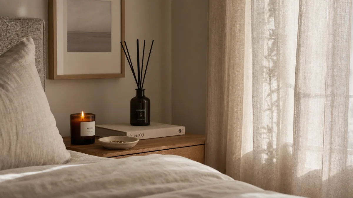 a neutral bedroom corner with a lit candle, reed diffuser, and soft…