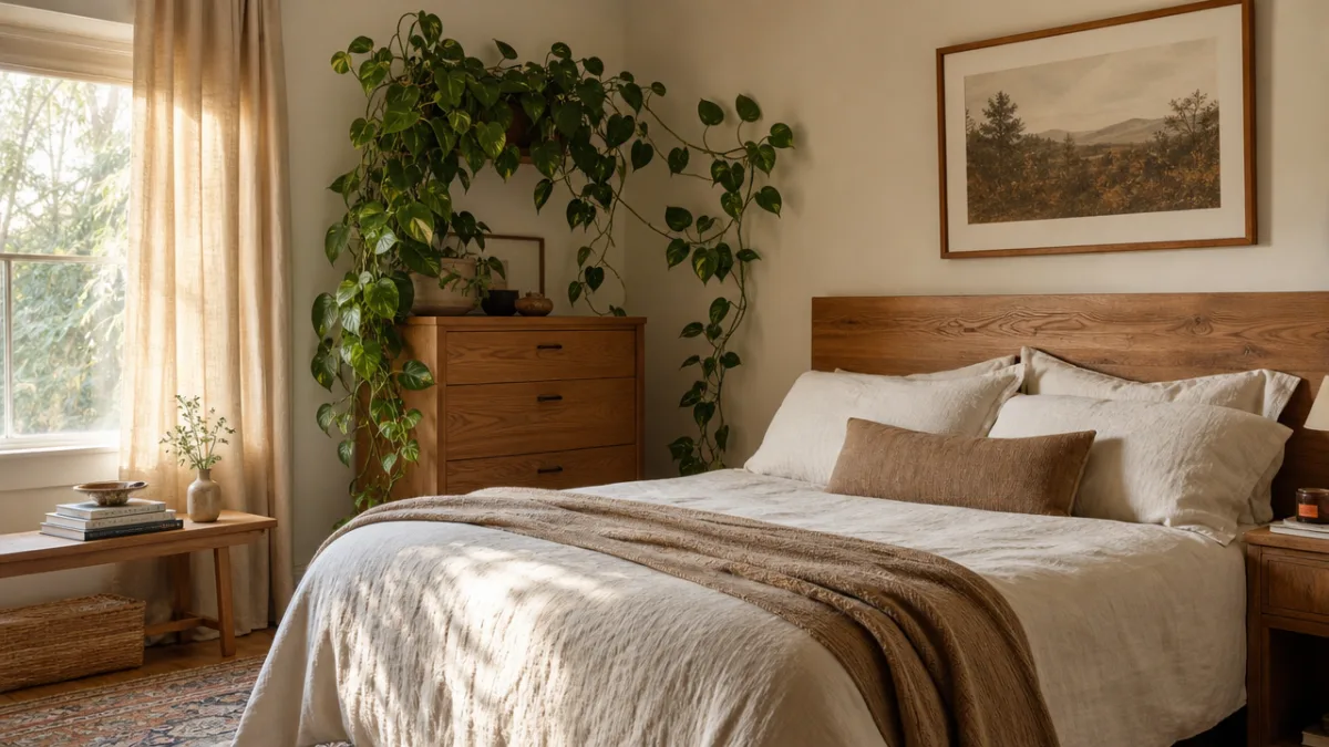 a cozy neutral bedroom with a large pothos plant, natural wood tones,…