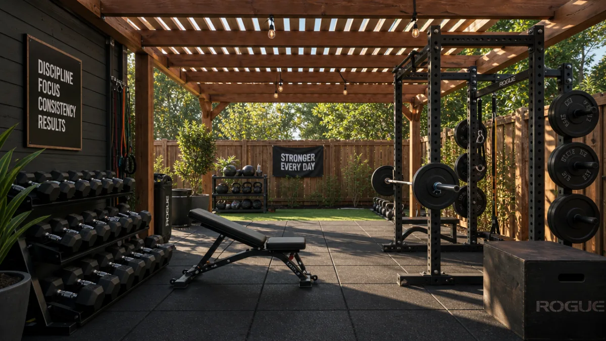 a well-organized backyard gym with rubber flooring and free weights under a…