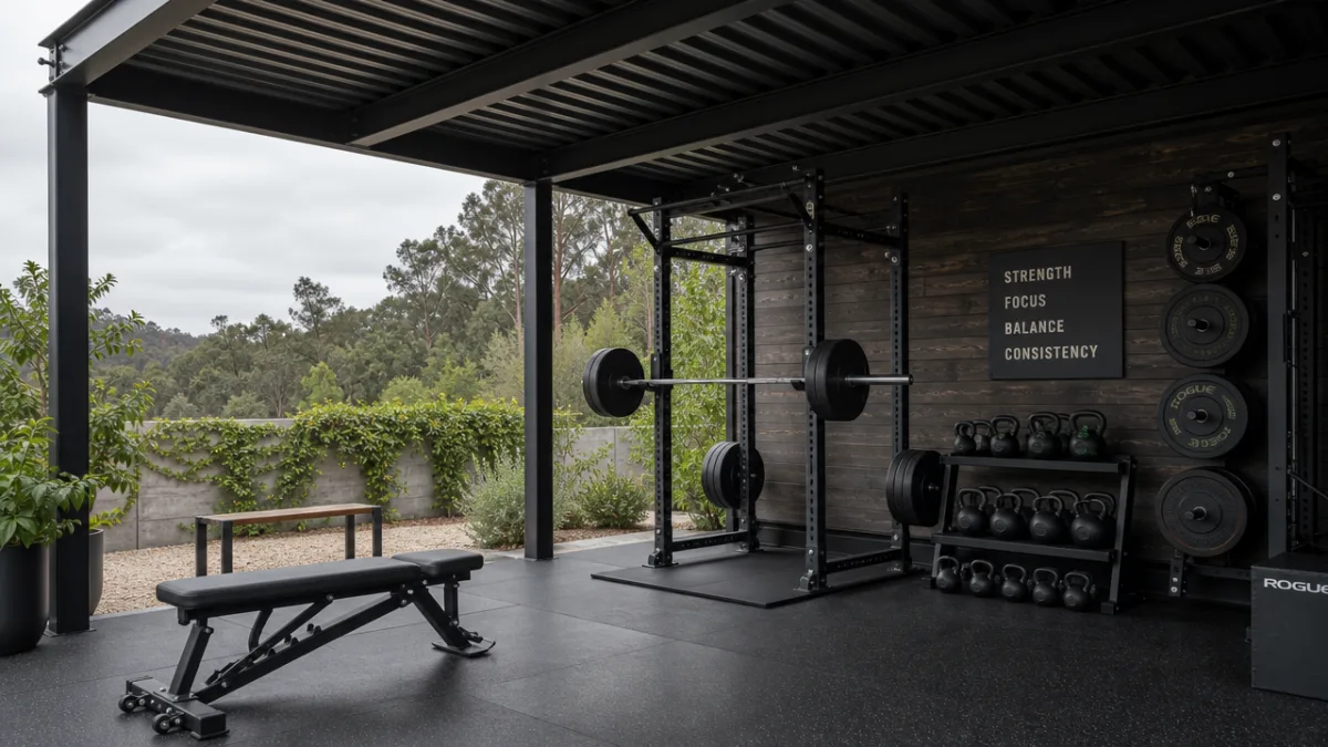 a covered outdoor gym with a metal pergola structure, kettlebells and a…