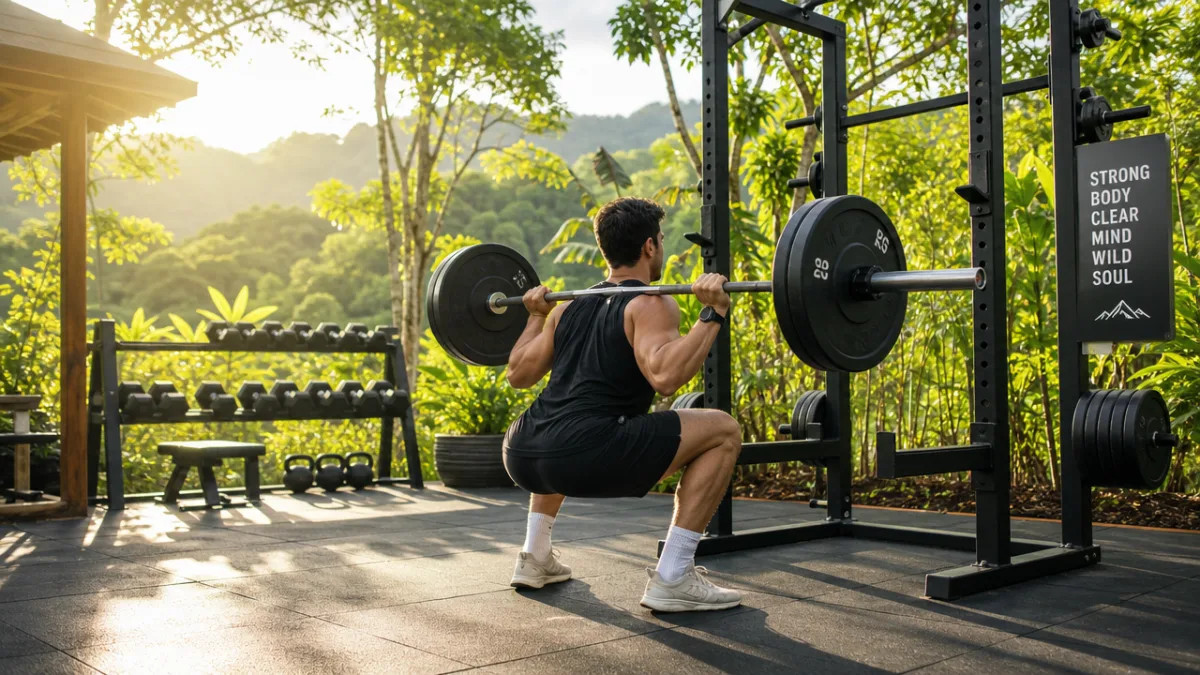 a person strength training in a clean outdoor gym surrounded by lush…