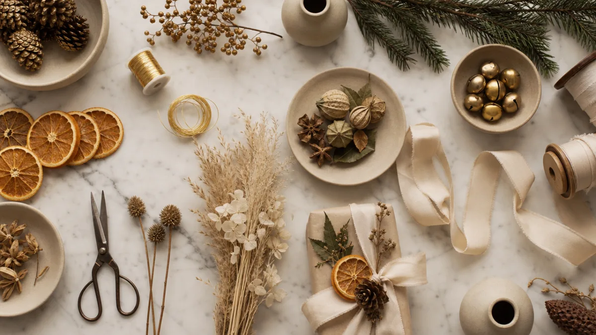 an elegant flat lay of holiday craft supplies including dried botanicals, gold…