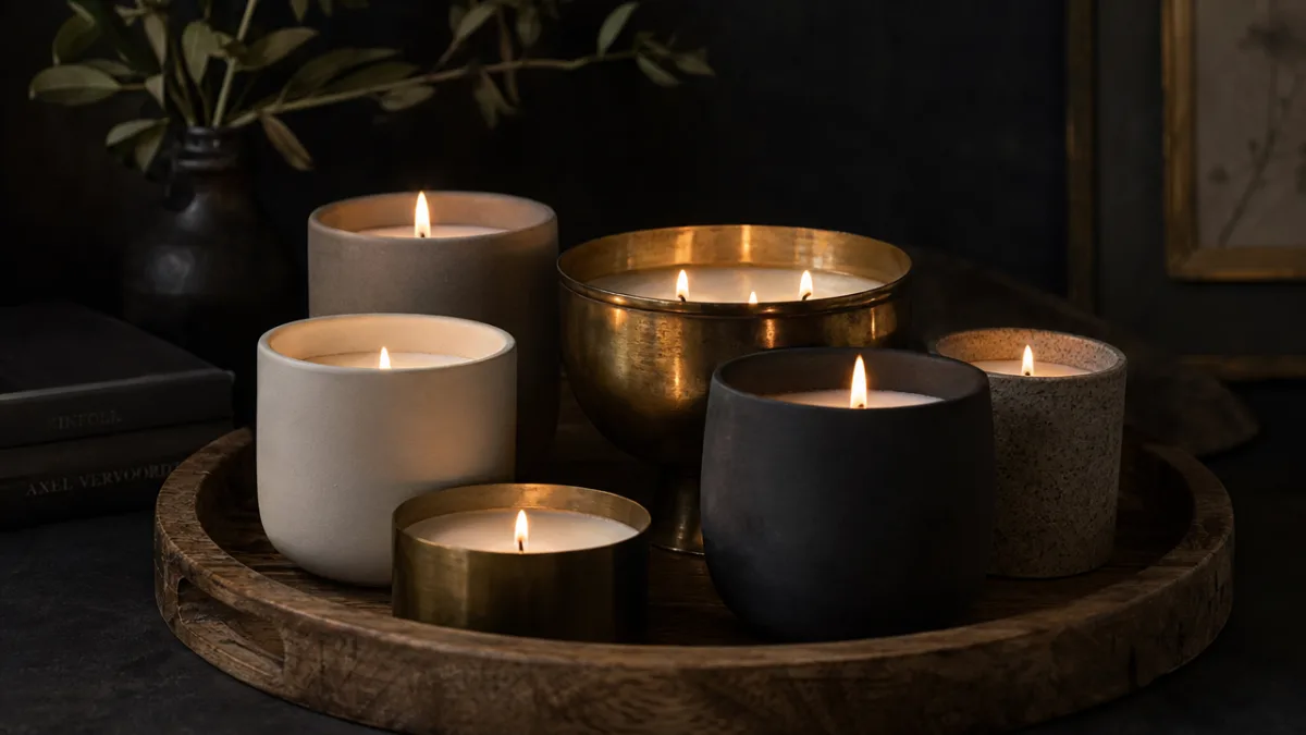 a collection of hand-poured candles in matte ceramic and brass vessels arranged…