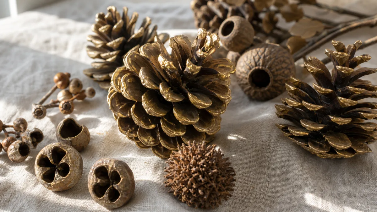 a close-up of partially gilded pinecones and dried seed pods arranged on…