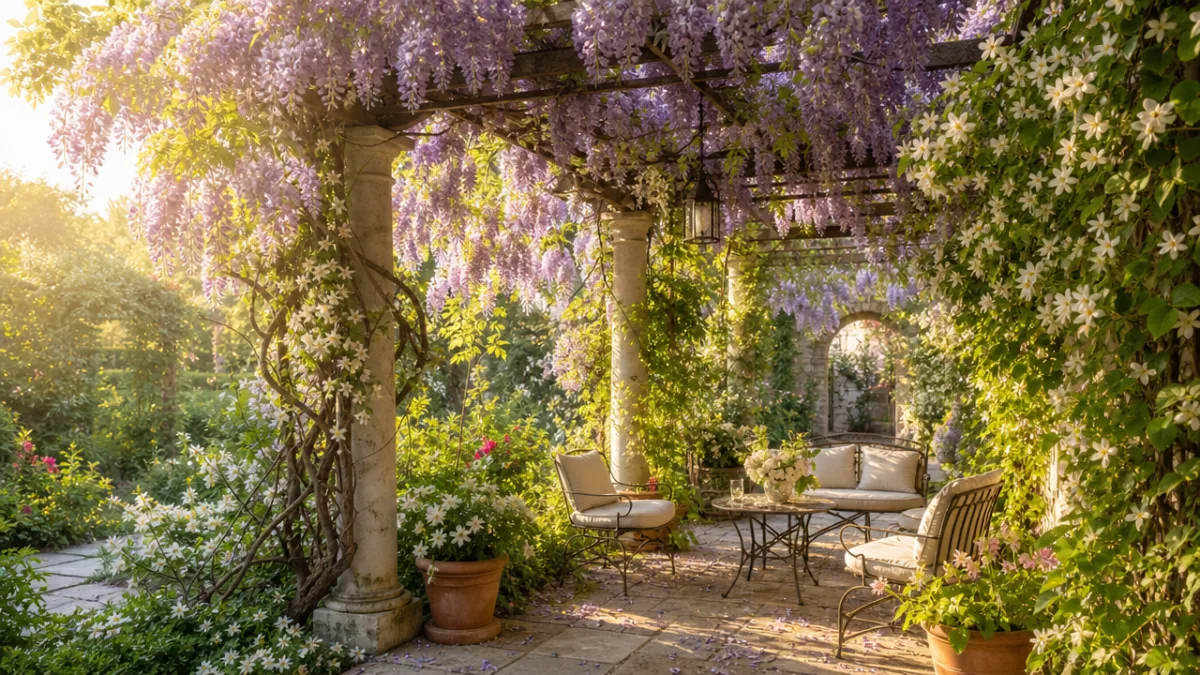 a lush garden pergola draped in blooming wisteria and jasmine vines, soft…