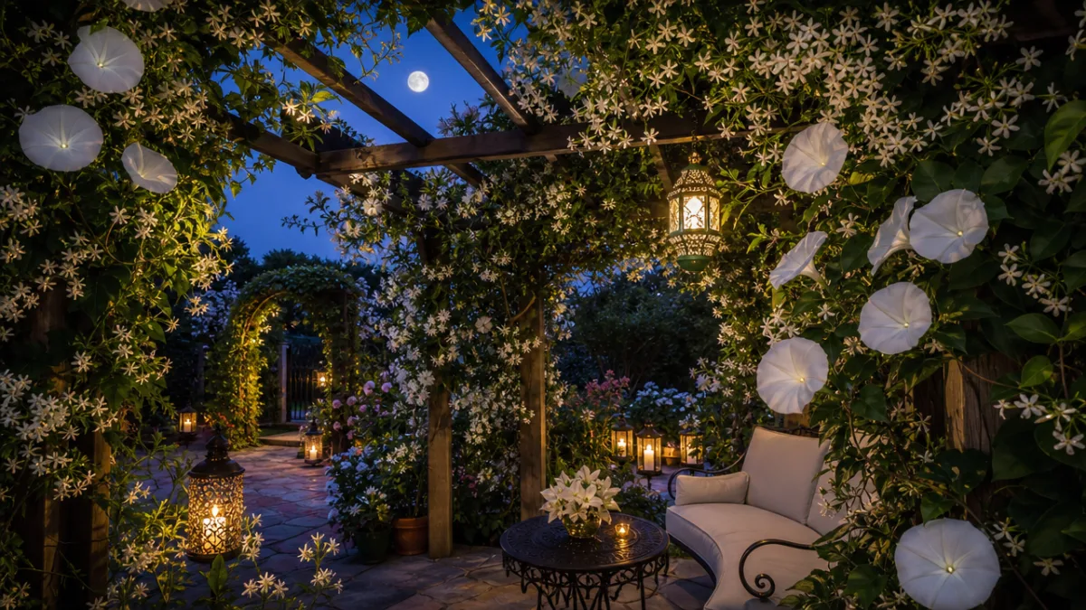 an enchanting evening garden pergola with white moonflowers and jasmine glowing in…