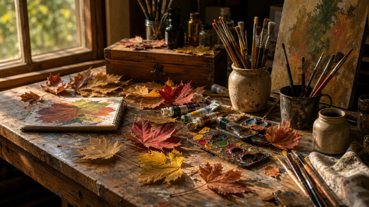 an artist's wooden worktable covered with fresh autumn leaves, paint tubes, and…
