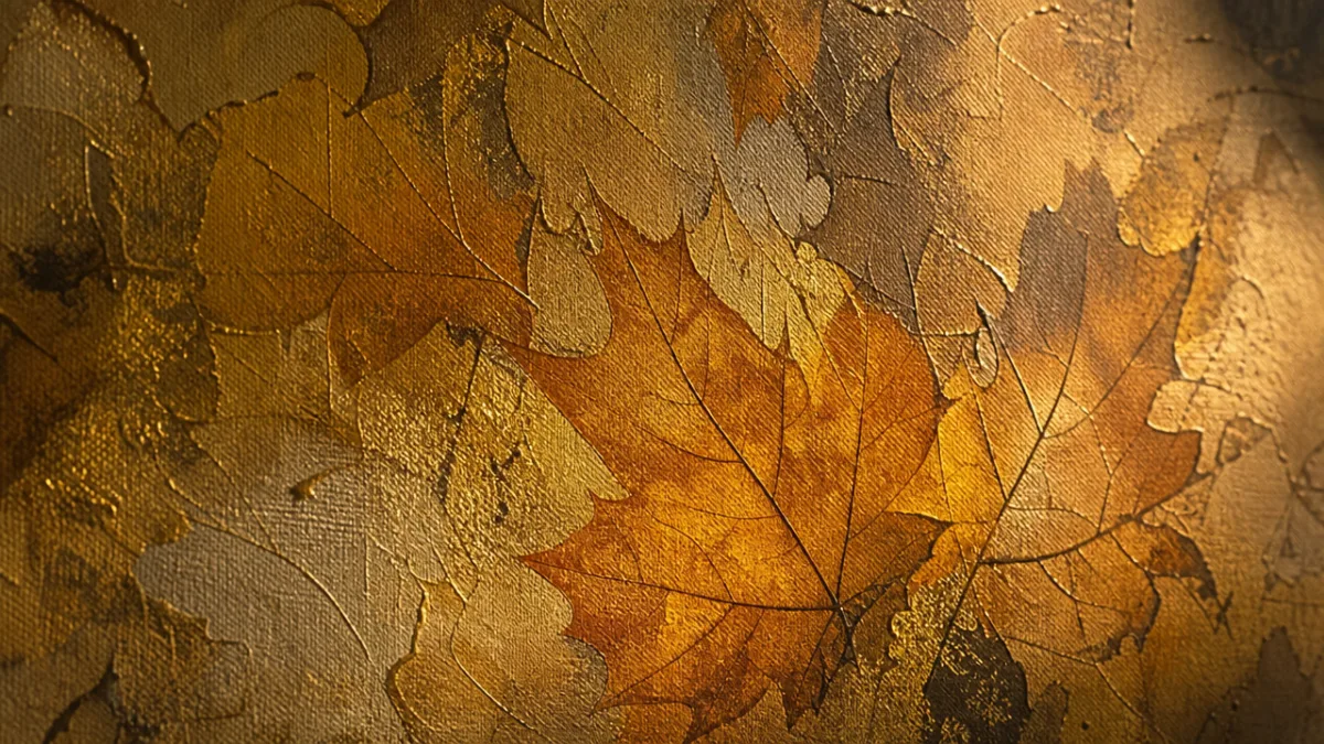 close-up of a canvas with layered autumn leaf textures in gold and…