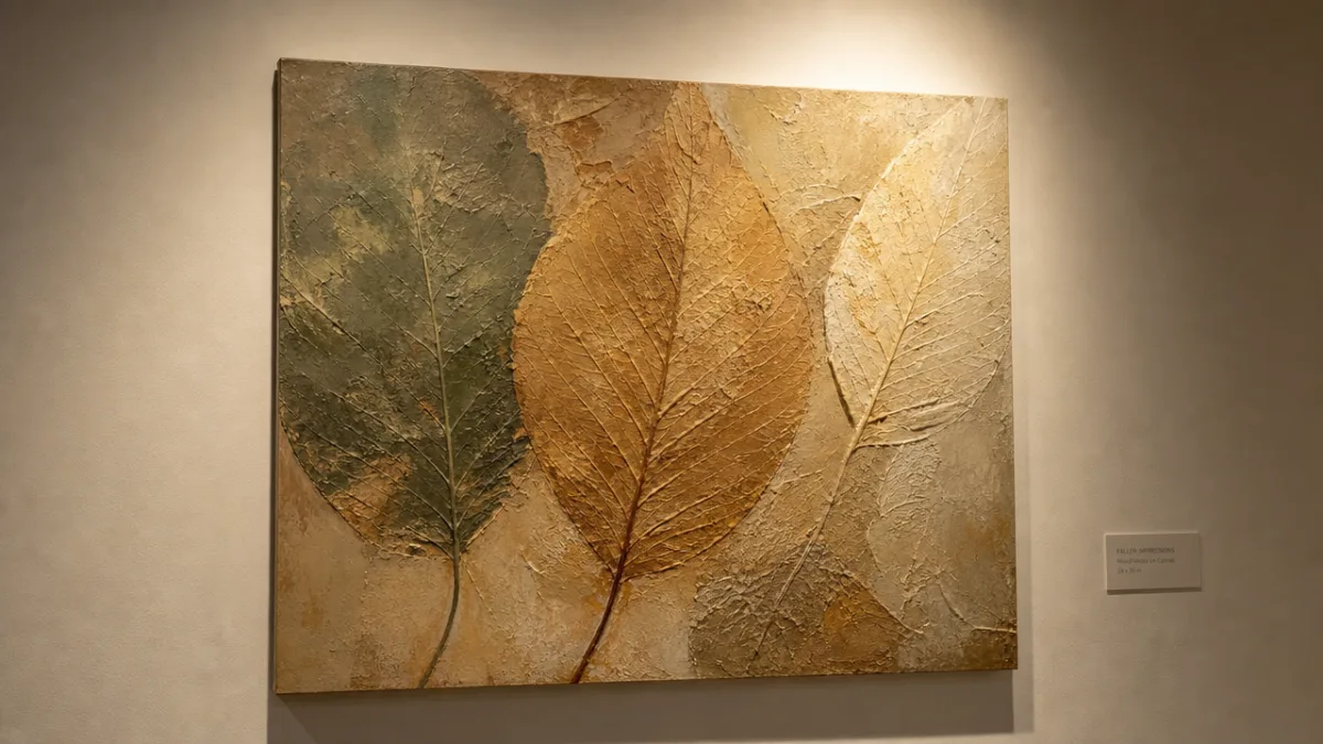 a finished textured leaf painting hanging on a warm white gallery wall…