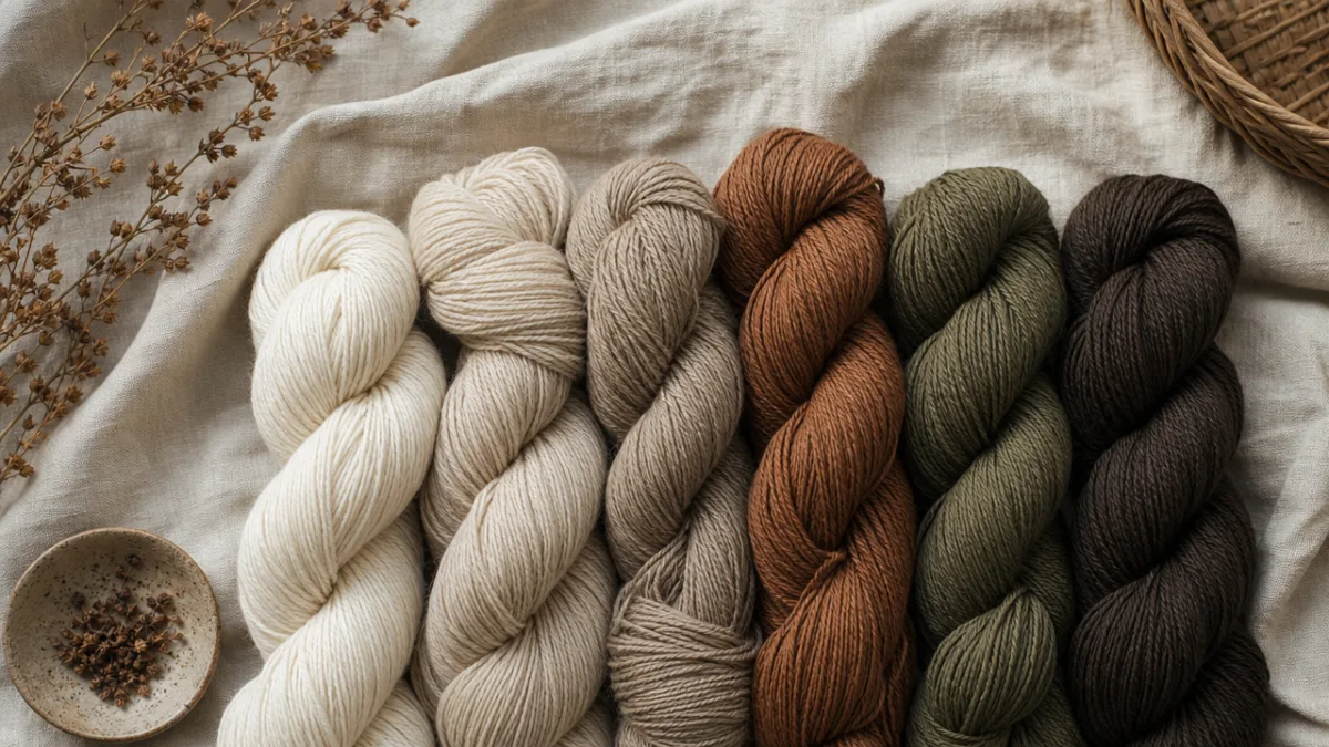 a flat lay of natural yarn skeins in earthy tones on a…