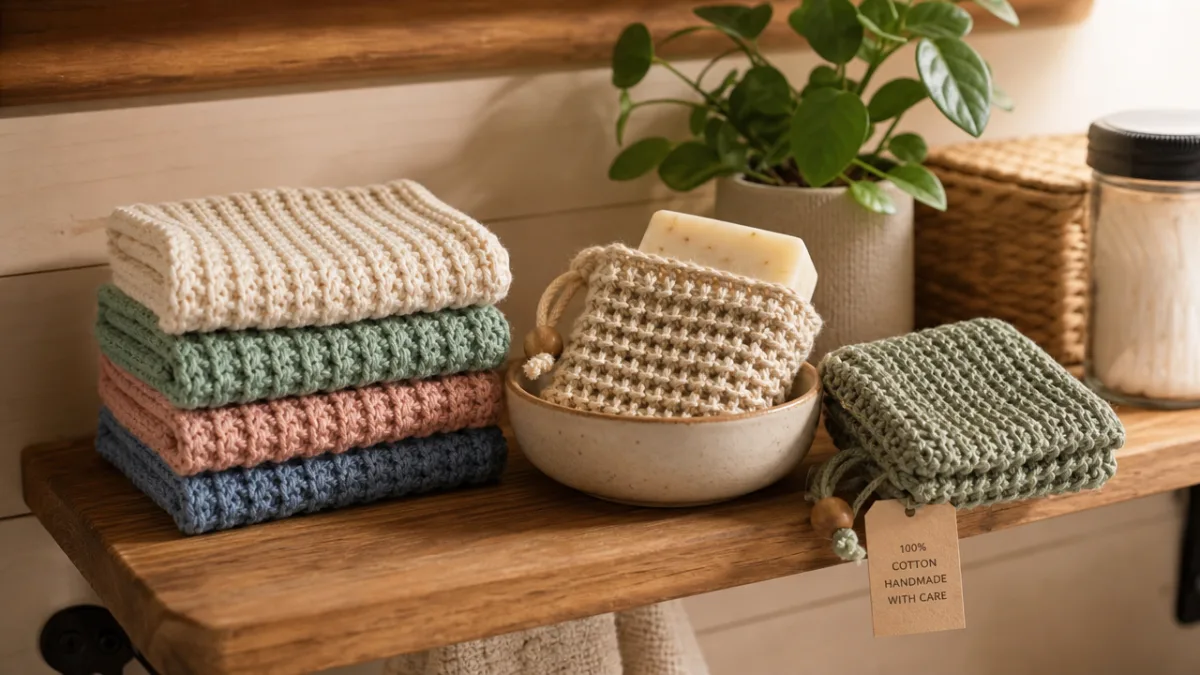 handmade knitted cotton washcloths and soap savers arranged on a wooden bathroom…