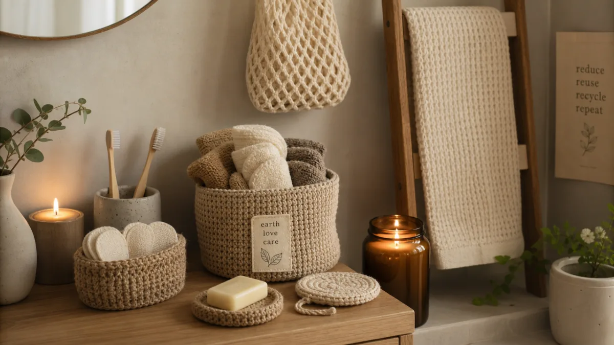 a serene zero-waste bathroom corner with natural knitted accessories displayed neatly, soft…