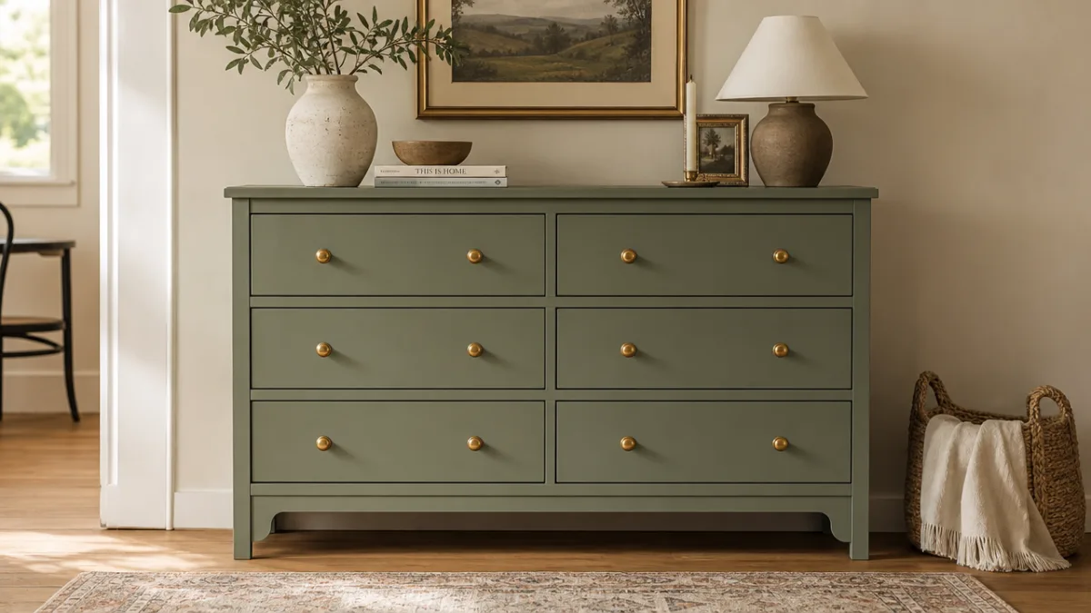 a beautifully painted IKEA dresser in sage green with brass hardware, warm…