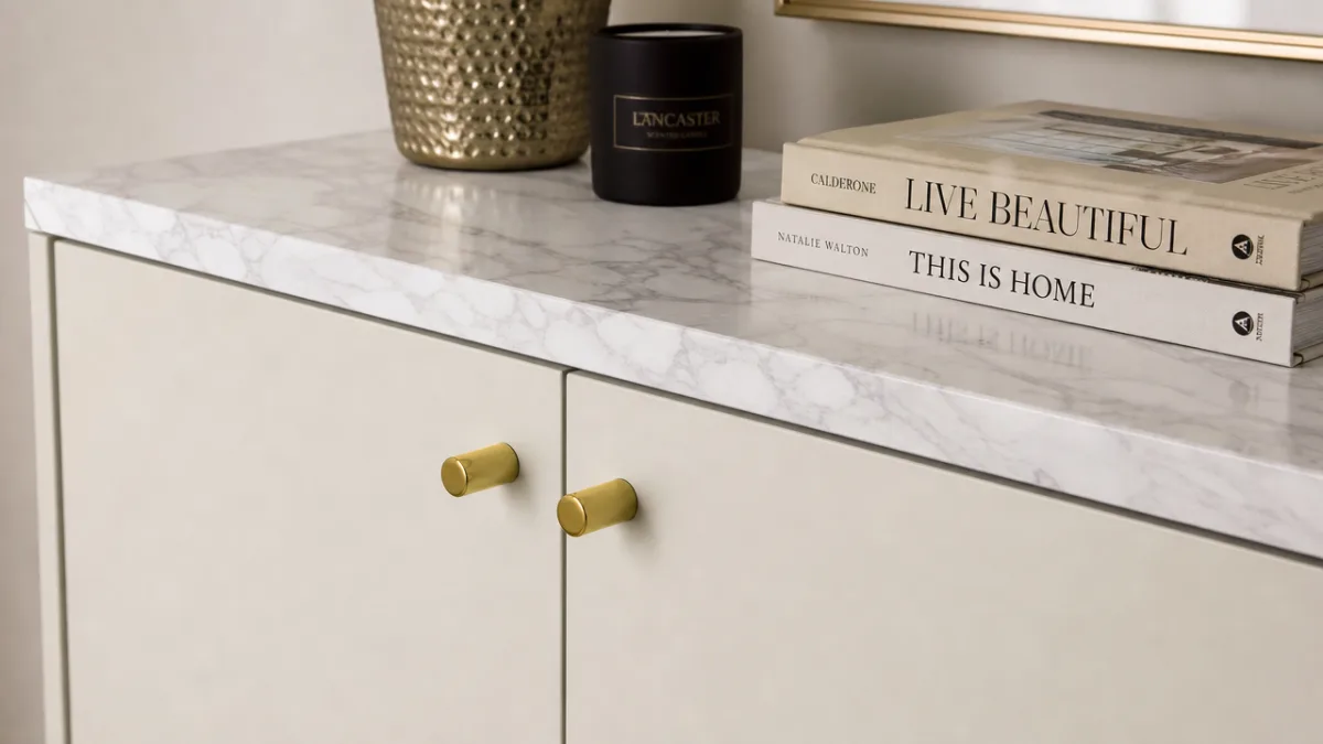close-up of IKEA cabinet with marble contact paper surface and brass hardware,…