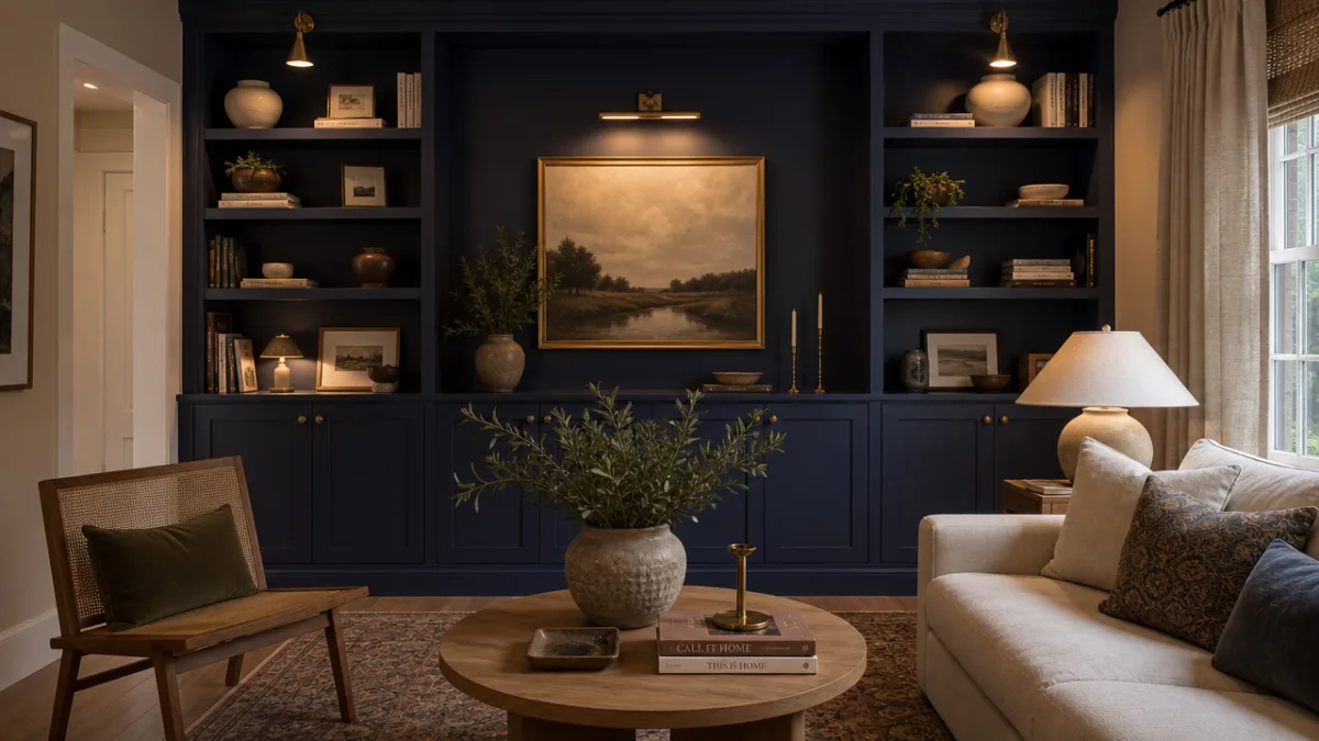 a styled living room with IKEA built-in shelving painted in navy, warm…