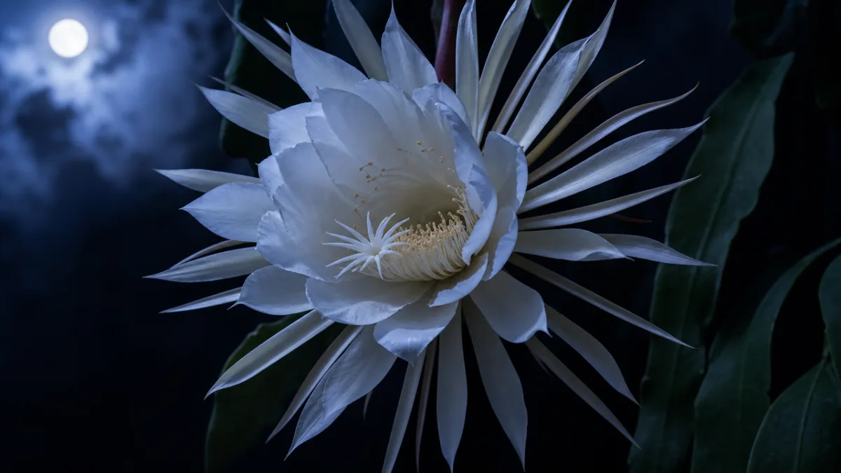 a close-up of a night-blooming cereus flower fully open in the dark,…