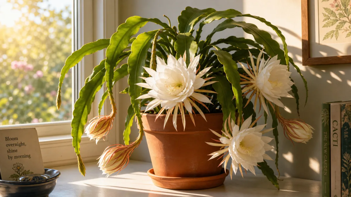 a healthy night-blooming cereus plant in a terracotta pot on a sunny…