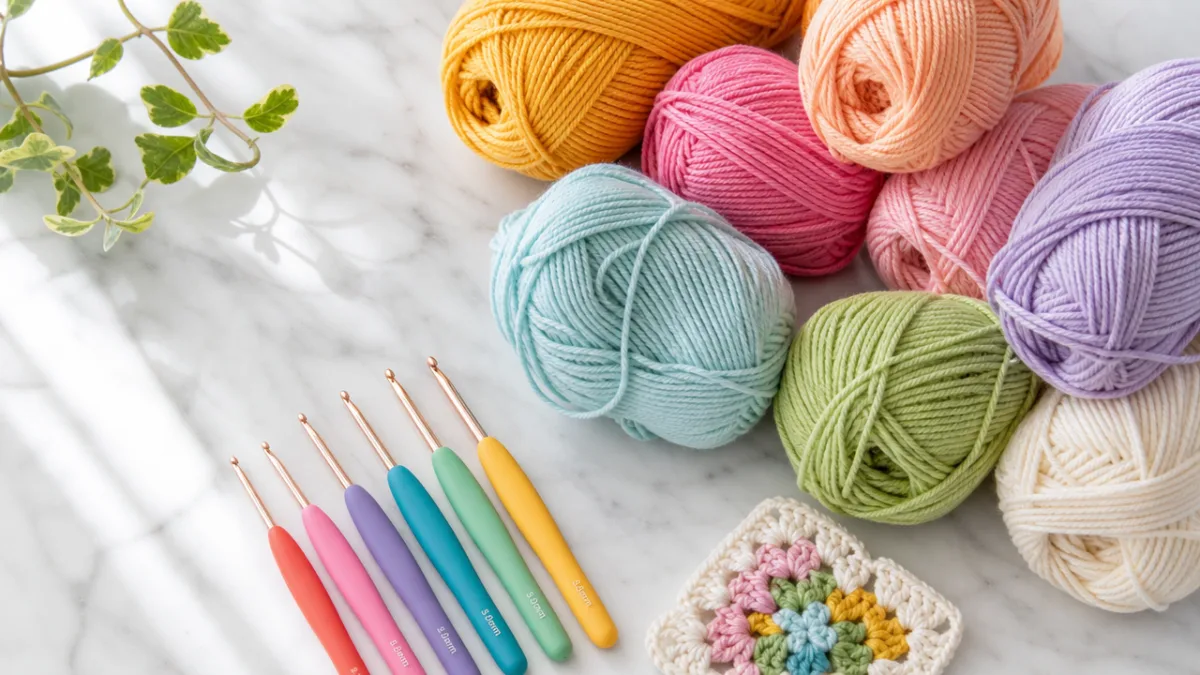 a flat lay of colorful cotton yarn skeins and crochet hooks on…