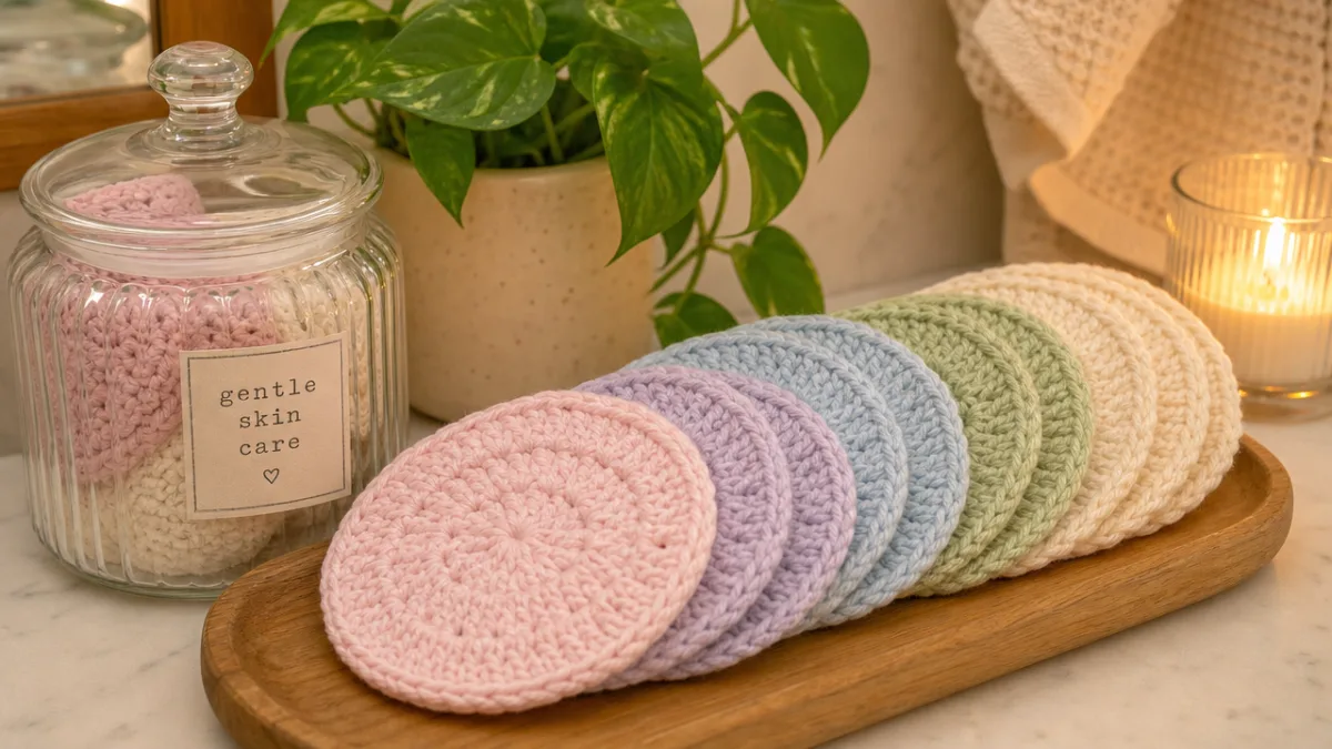 a set of pastel crocheted facial rounds arranged neatly beside a glass…