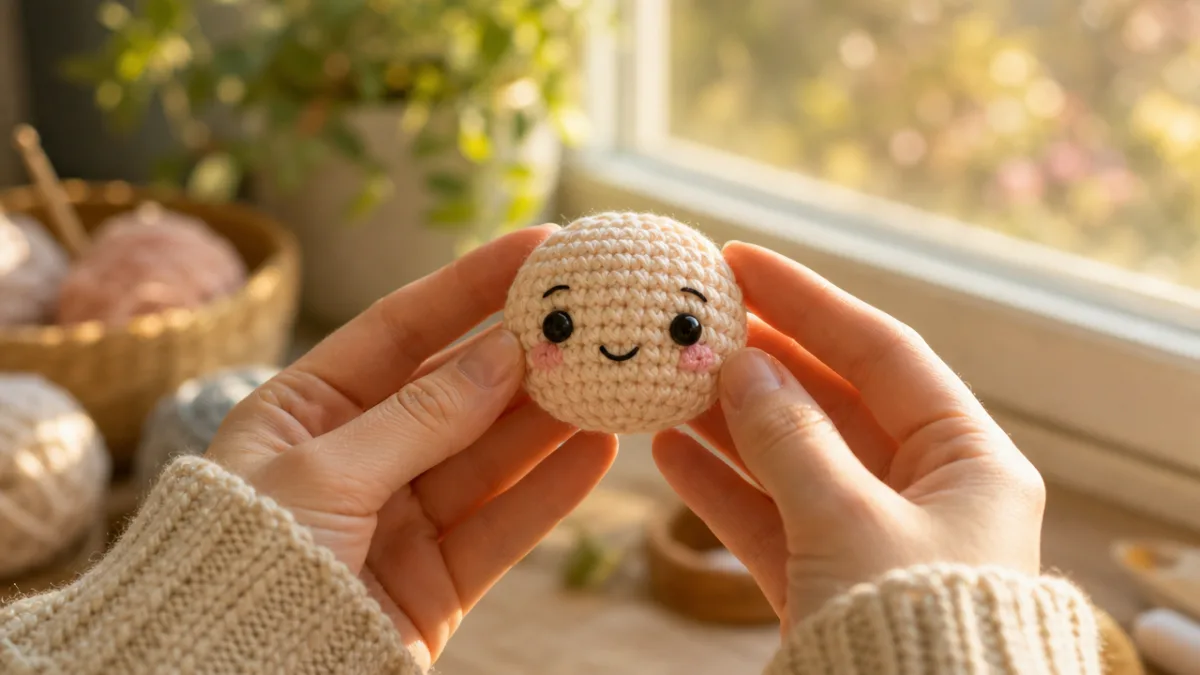 hands holding a small crocheted facial round near a bright window with…