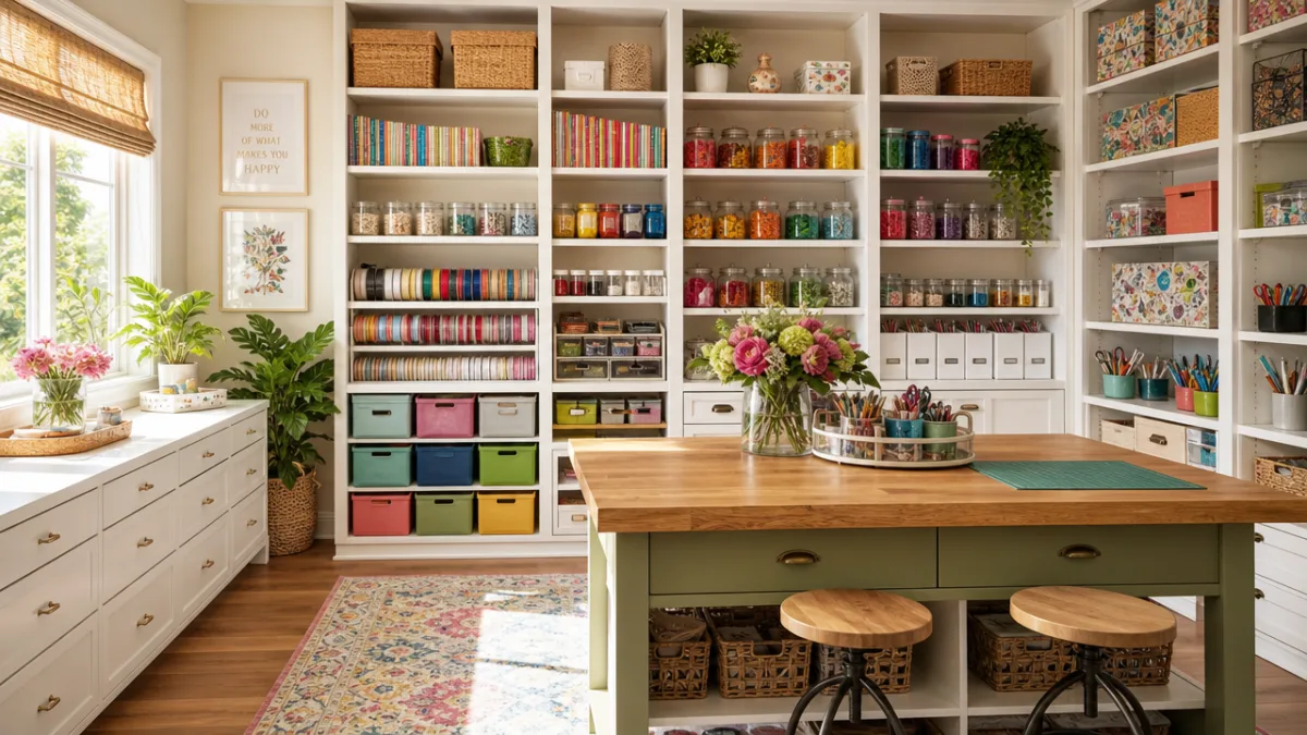 a bright craft room with floor-to-ceiling white shelving displaying colorful organized supplies,…
