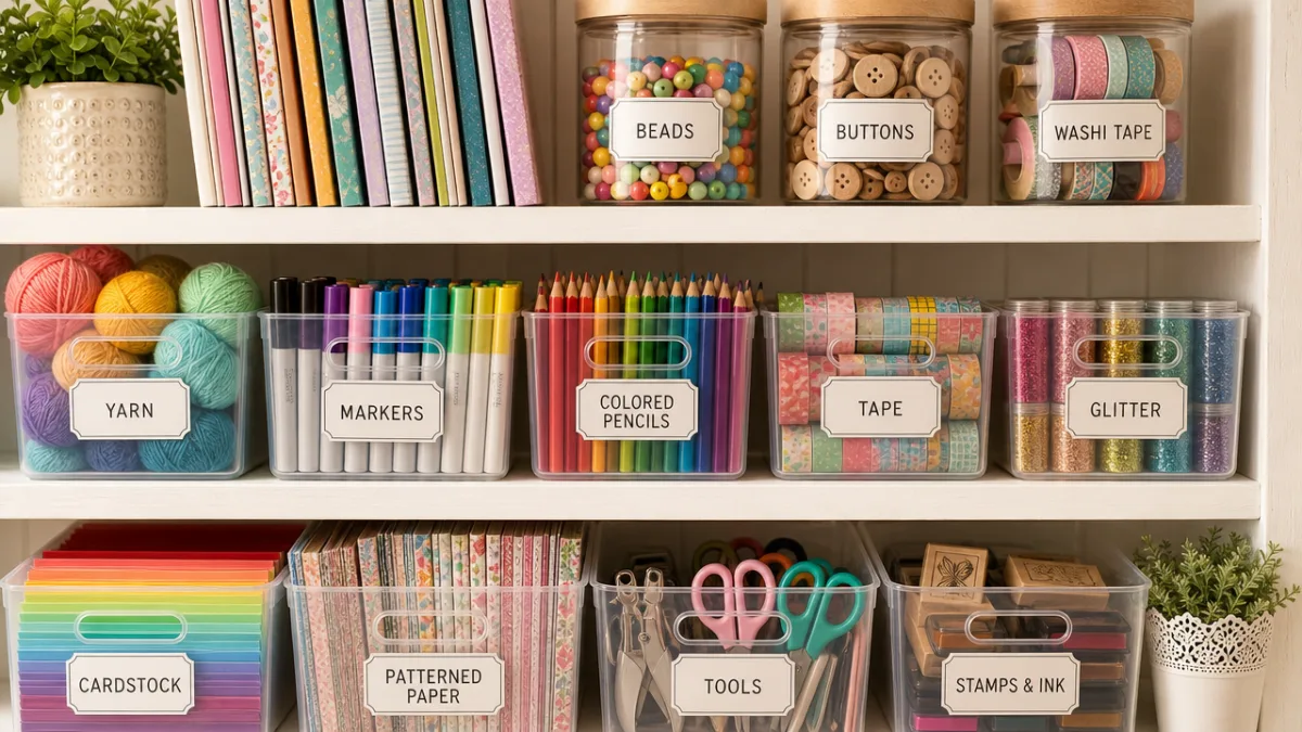 a close-up of neatly labeled craft storage bins on white wooden shelves,…