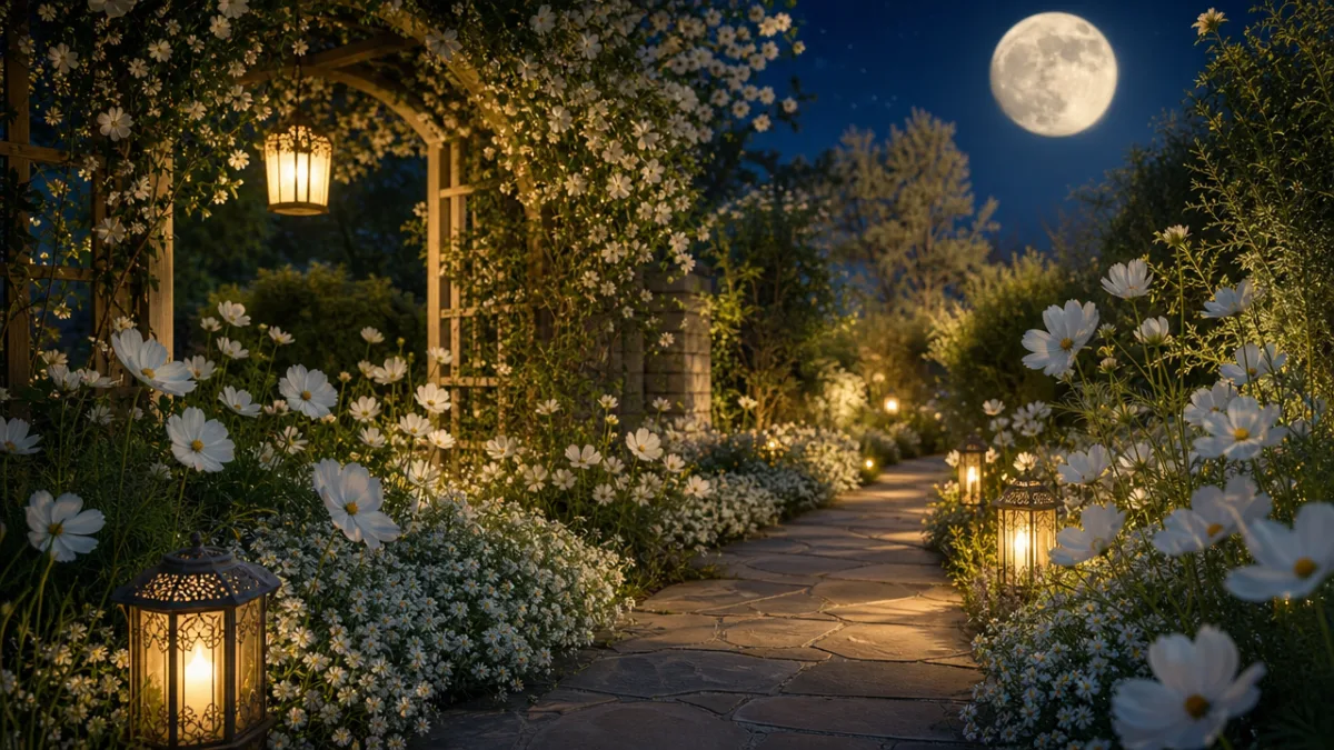 a serene moon garden path lined with white cosmos and alyssum, warm…