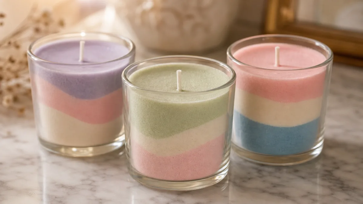 a close-up of three pastel sand cup candles on a marble surface,…