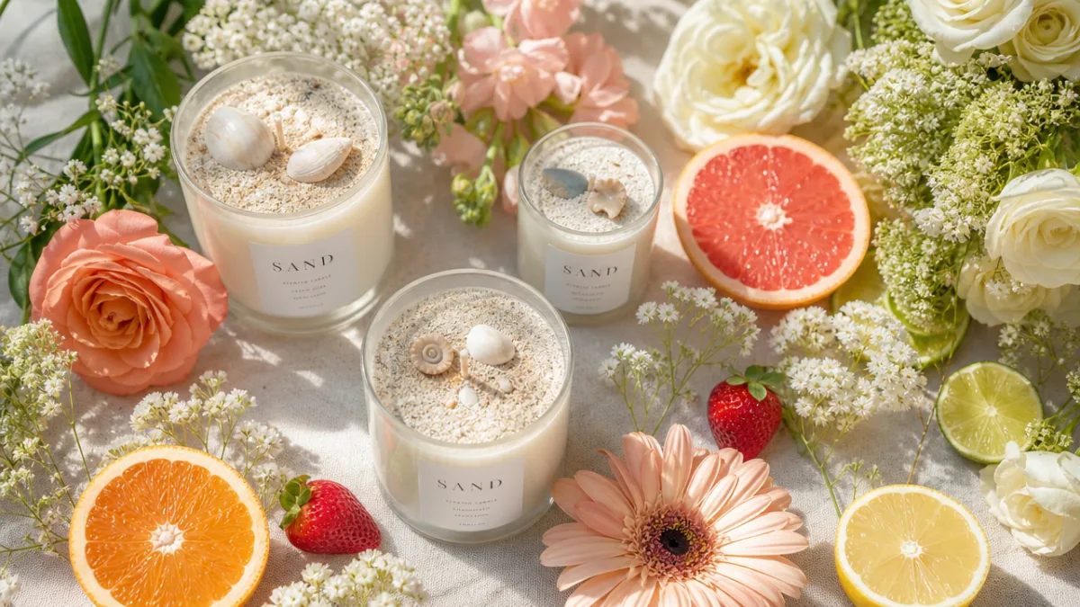 a flat lay of sand cup candles surrounded by fresh flowers and…
