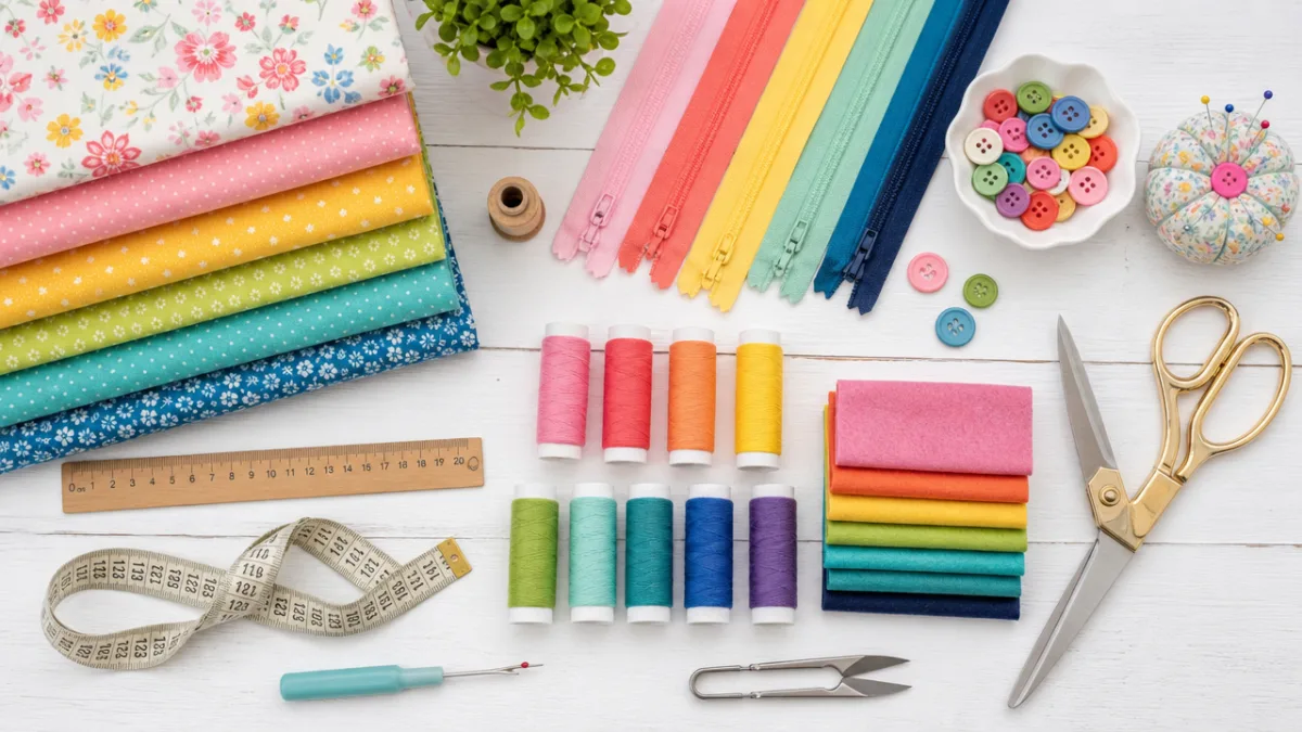 a flat lay of colorful sewing fabrics, zippers, thread spools, and craft…