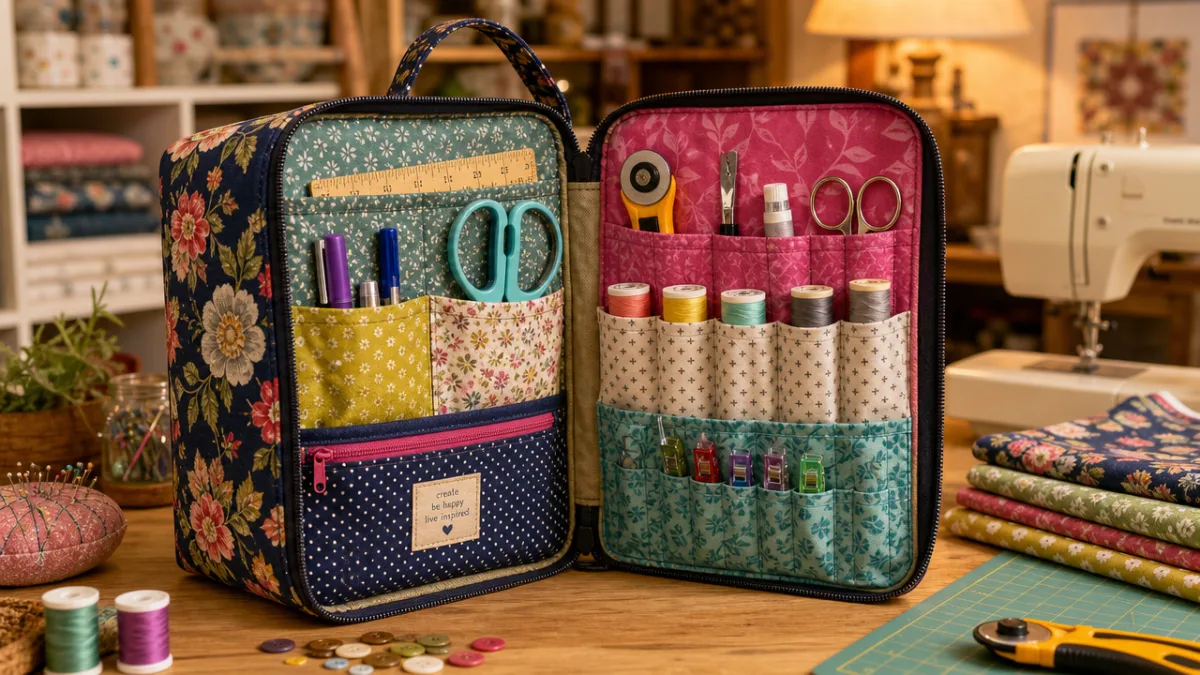 a handmade fabric sewing organizer bag open to reveal colorful tool pockets,…
