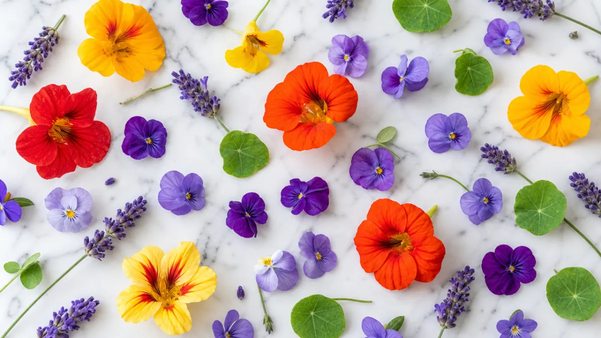 a flat lay of colorful edible flowers including nasturtiums, lavender, and violets…