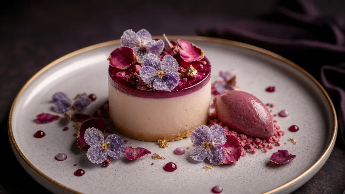 elegant plated dessert decorated with crystallized violets and rose petals, soft studio…