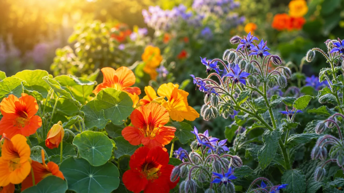 lush garden bed of edible flowers including nasturtiums and borage in golden…