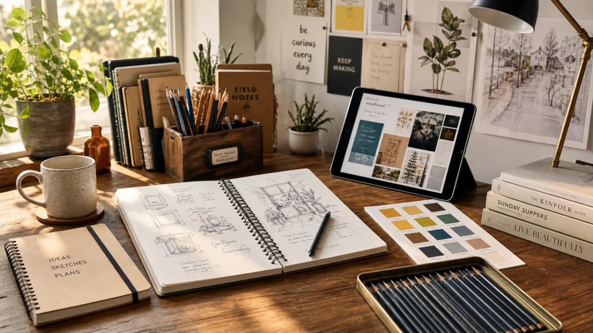 a well-lit creative workspace with sketchbooks, pencils, color swatches, and a tablet…