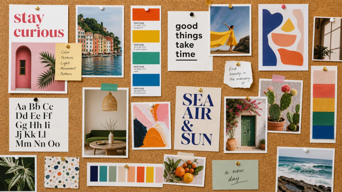 a mood board covered with colorful design swatches, typography samples, and printed…